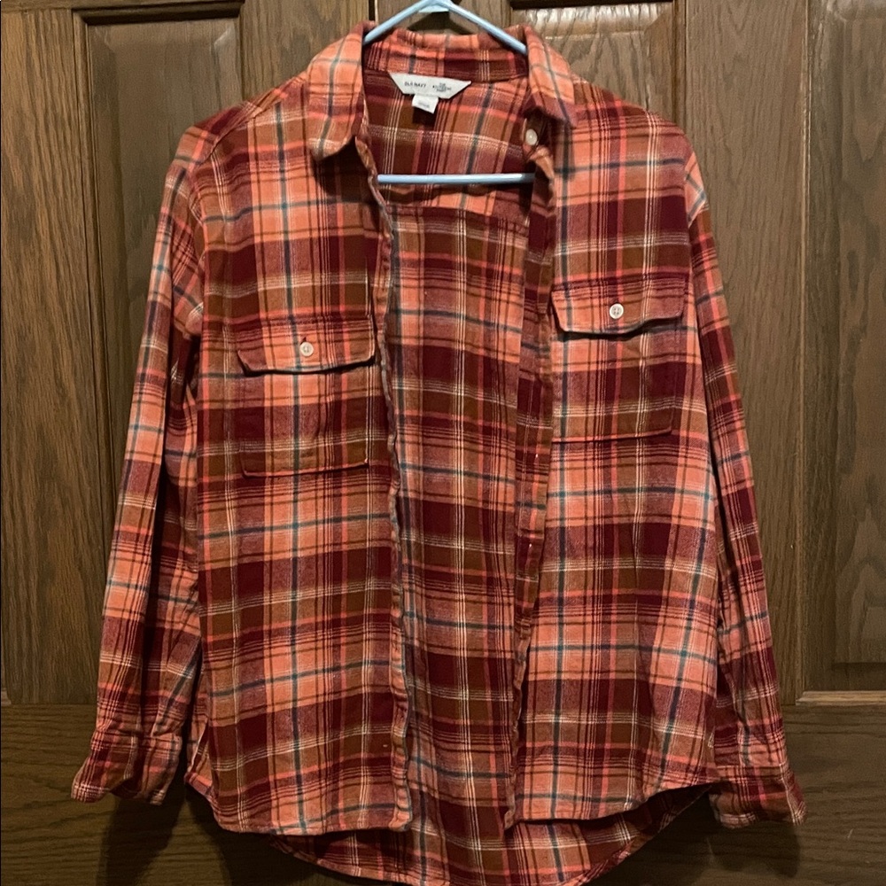Pink and Orange Plaid Button-Up Shirt